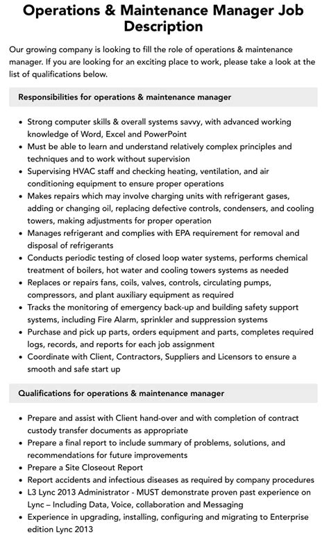 Operation and maintenance manager Jobs .